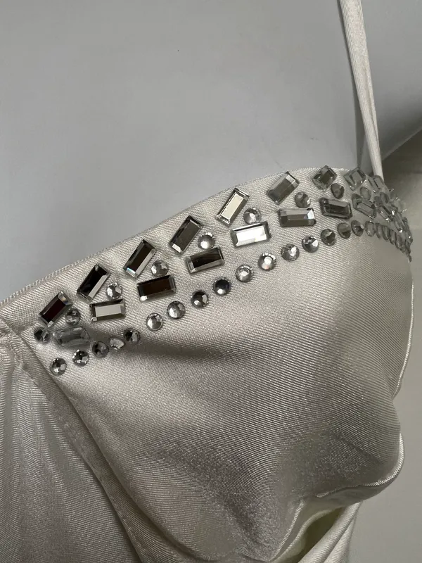SheIn Sexy White Rhinestone Detail Ruched Bustier Cami Bodysuit - Image 4