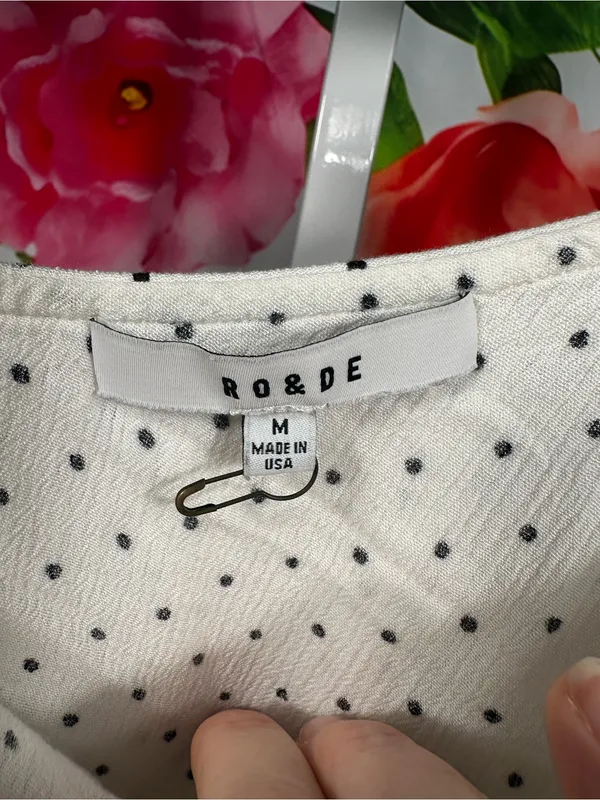 P215. Ro & De White Polka Dot One-Shoulder Ruffle Top with Black Trim - Image 2