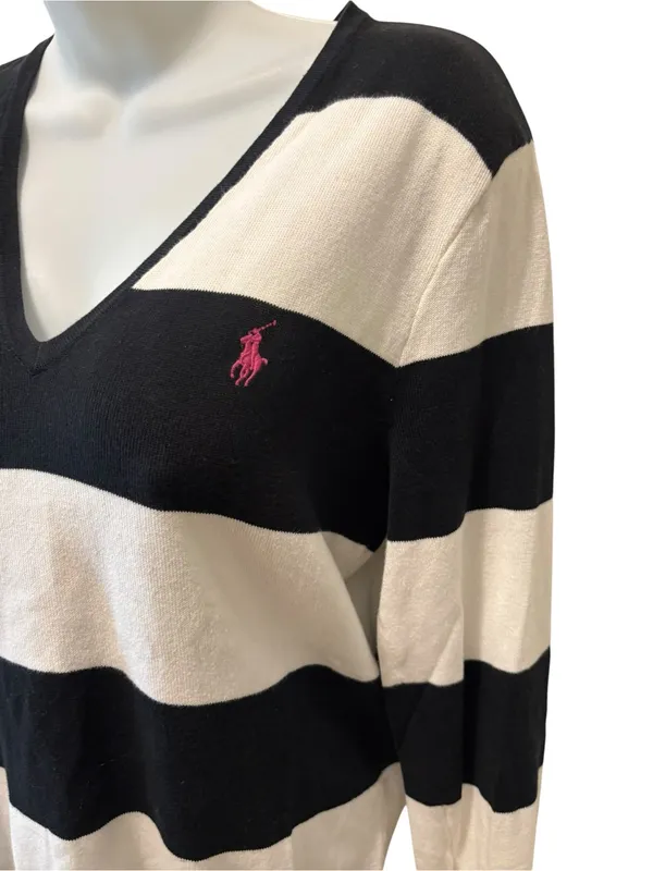 VTG 90’s Y2K Ralph Lauren Sport Rugby Stripe Pima Cotton V Neck Sweater M Black - Image 4
