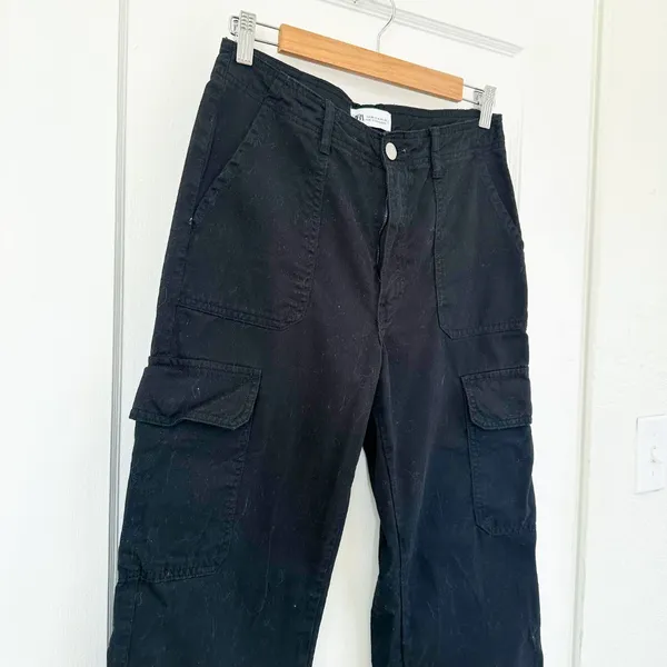 Zara | TRF Straight‎ Cargo Wide Leg Pants Jeans in Black Size 6 - Image 6