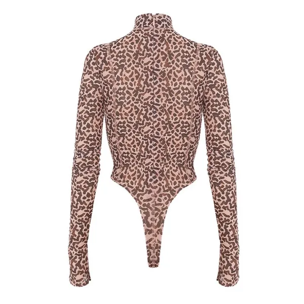 HOUSE OF CB Eleanor Mesh Bodysuit Size Small Brown Leopard Mock Neck Long Sleeve - Image 3