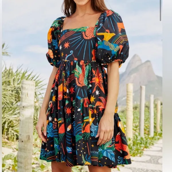 FARM RIO Zodiac Printed Mini Dress‎ size Small Puff Sleeves Celestial Witchy - Image 2
