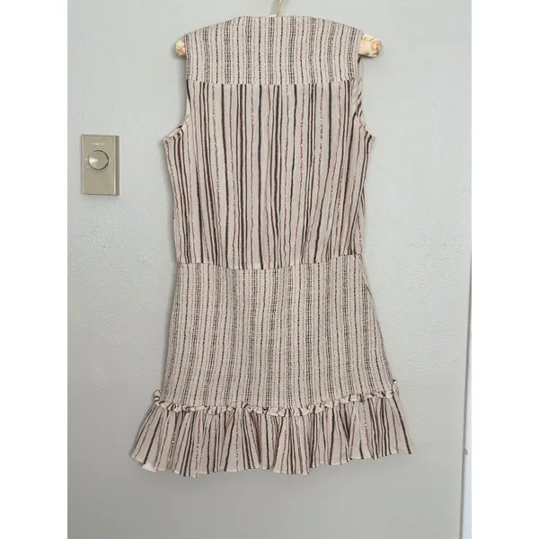 Veronica Beard Medium Cox Smocked Striped Mini Dress Beige Rose Gold Boho Chic - Image 5
