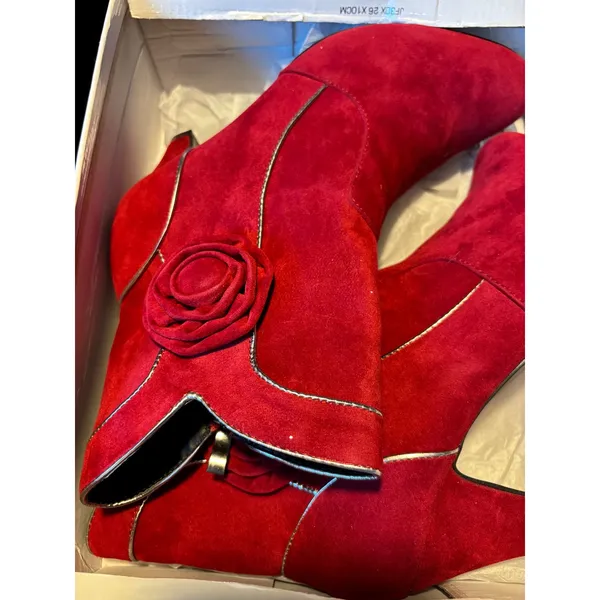 Softwear Cecilia Red‎ Faux Suede Rosette Ankle Boots Kitten Heel Wide Width 7.5W - Image 6