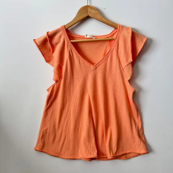 New‎ In Womens Peach Orange Flutter Sleeve V Neck Top Blouse Size Large - Image 7