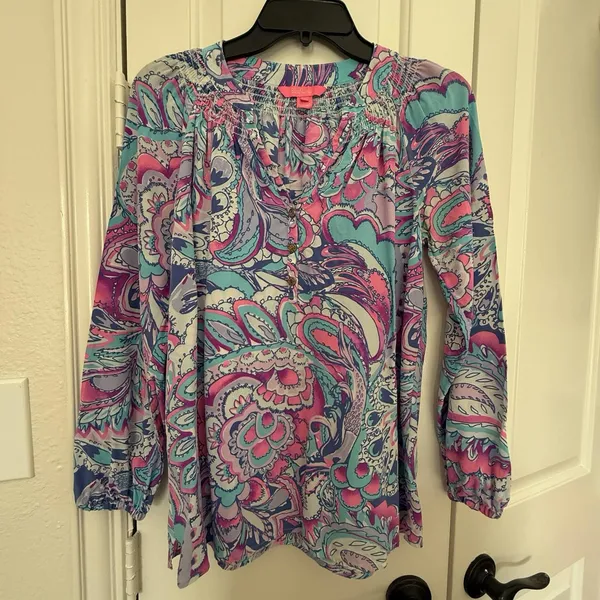 Lilly Pulitzer Elsa Silk Blouse Top Blue Pink Purple Multi Color Sz S Small - Image 13