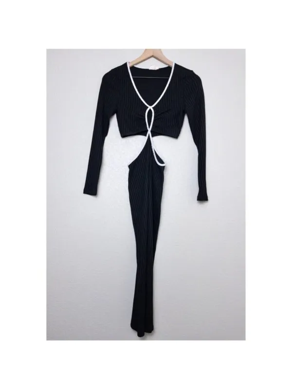 Showpo Ribbed Cutout Long Sleeve Midi Dress 2 Black White Bodycon - Image 2