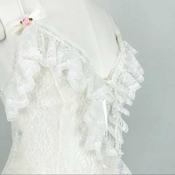 Vintage Ruffled Lace-Up Lace Bodysuit Lingerie in White | Size S - Image 5