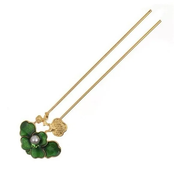 Elegant Gold Tone Green‎ Enamel Flower Pearl Hair Pin Stick Bun Holder - Image 6
