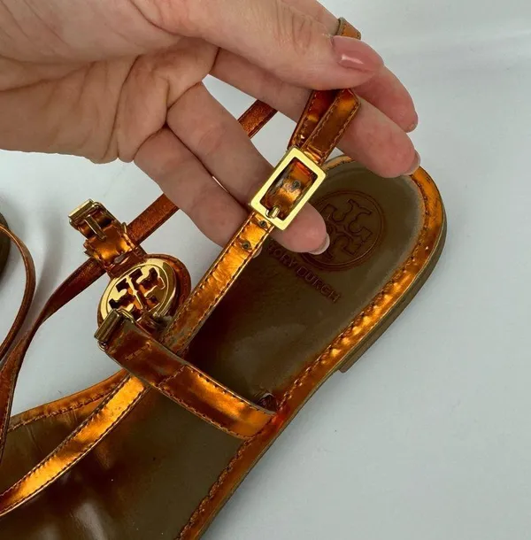 Tory Burch Ali Metallic Orange Sandals Sz 8 Strappy Logo Thong Flats - Image 10