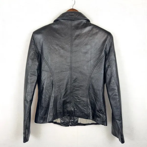 GUESS 100% Leather Jacket Womens Medium Black Zip Front Moto Biker Y2K Aesthetic - Image 7