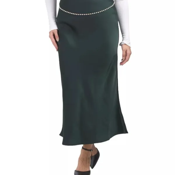 Rachel Zoe Green Satin Slip Midi Skirt with Pearl Chain Size 6 NWT - Image 2