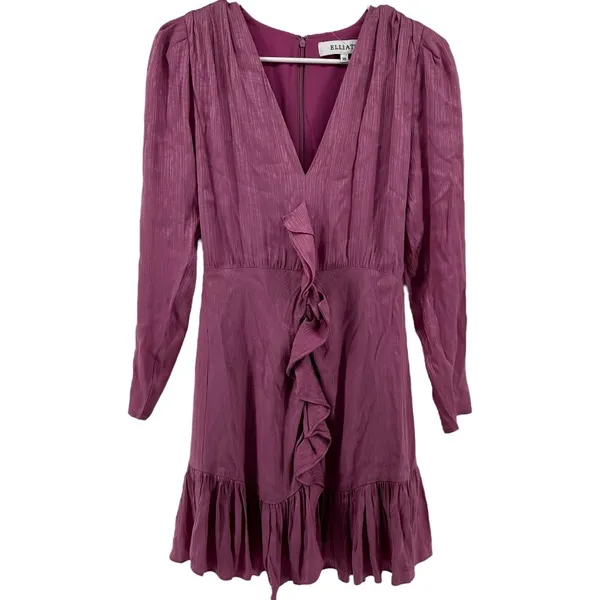 Elliatt Rita Dress Satin Textured Ruffle Mini Deep V Trim Fitted Pink XS - Image 2