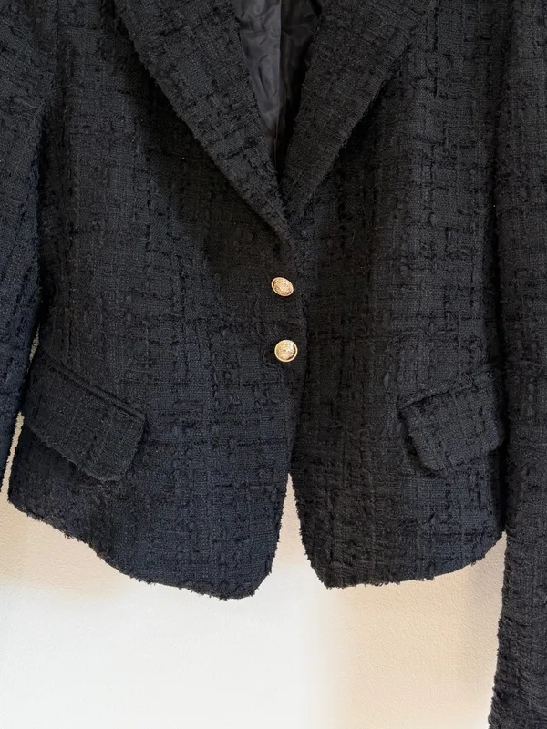 ZARA Tweed Black Blazer Size Medium Blogger Fav Minimalist Luxury Gold Buttons - Image 5