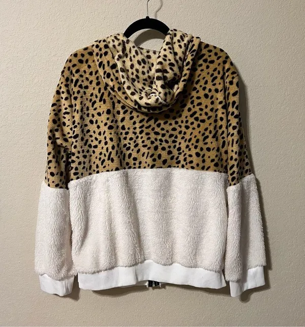 Leopard and White Sherpa Fur Zip Up Hoodie Jacket - Image 7