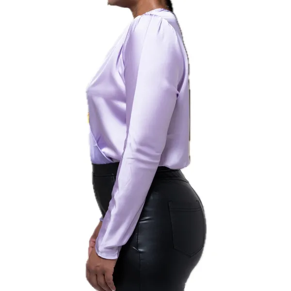 New Strut & Bolt Two Tone Satin Faux Wrap Long Sleeve Bodysuit Purple Size Large - Image 3