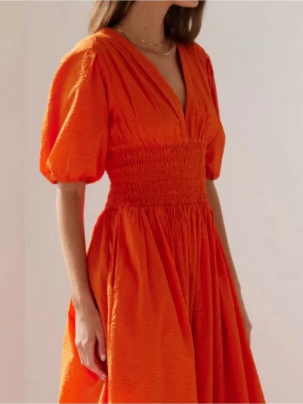AYR Extra Extra Midi Dress Cara Orange Smocked Waist Tiered Cotton Size Small - Image 2