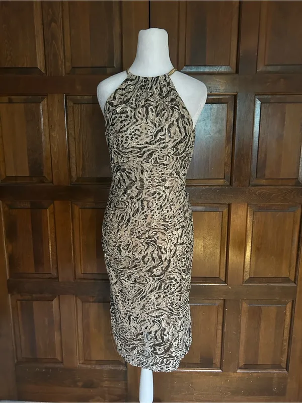 Xscape Size 6 Zebra Print Sequin‎ Halter Bodycon Cocktail Dress Gold Choker - Image 2