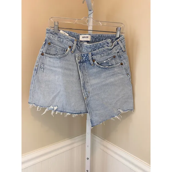 AGOLDE Criss Cross Distressed Denim Mini Skirt Light Wash 27 - Image 3
