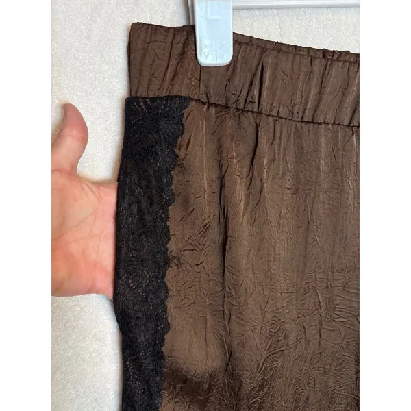 Anthropologie Brown Crinkle Satin Wide Leg Pants Black Lace Trim XL NEW - Image 3