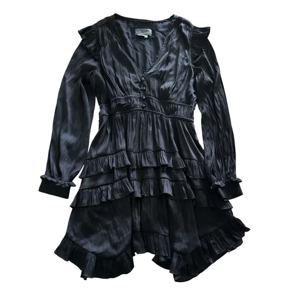 By Anthropologie Tiered Ruffled Mini Dress‎ Small Black Satin Long Sleeve - Image 2