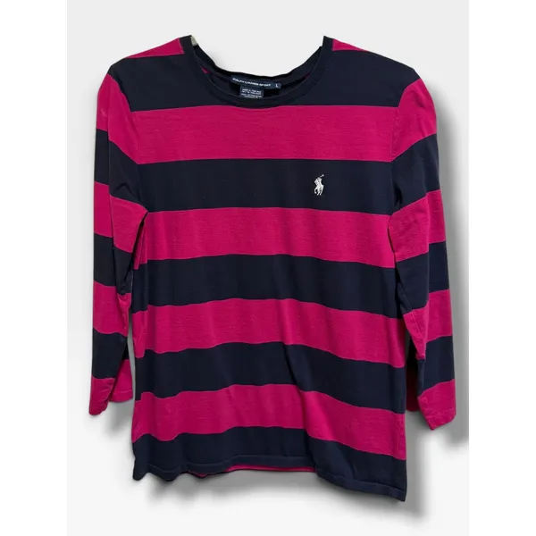 Ralph Lauren Sport Pink Navy Stripe 3/4 Sleeve Cotton Tee Pony Logo L - Image 3