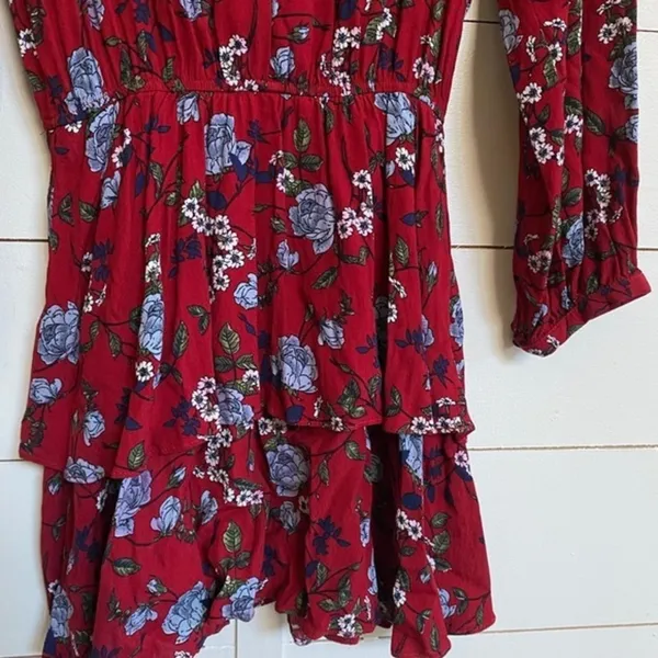 Yumi Kim Red Floral Ruffle Tiered Mini Dress Long Sleeve Smocked Waist Size‎ S - Image 9