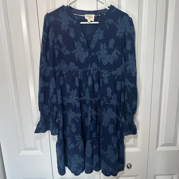 Umgee Mini Dress Womens Medium Navy Blue Floral Textured Smocked Sleeve Tiered - Image 2