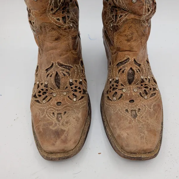 Seven Stars Womens Distressed Leather Cutout Crystal Studded Western Boots 8.5 - Image 3