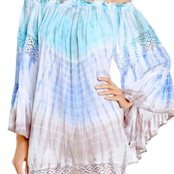 Surf Gypsy Tie-Dye Aquamarine, Blue, White and Gray Boho Whimsy Flowy Blouse - Image 3