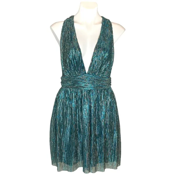 New LULUS Ailey Metallic Teal Twist Back Skater Dress Womens Size L Mini Party‎ - Image 11