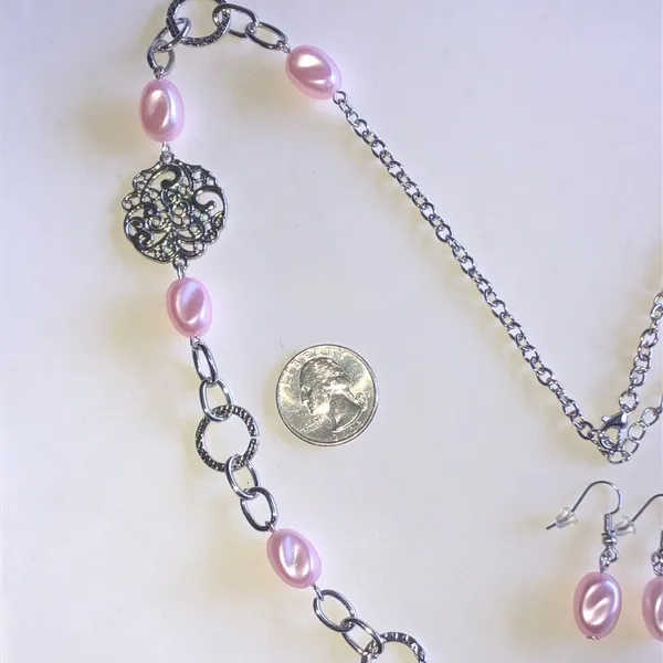 Silver Tone Filigree & Pink Faux Pearl Necklace and Earring Set - Image 4
