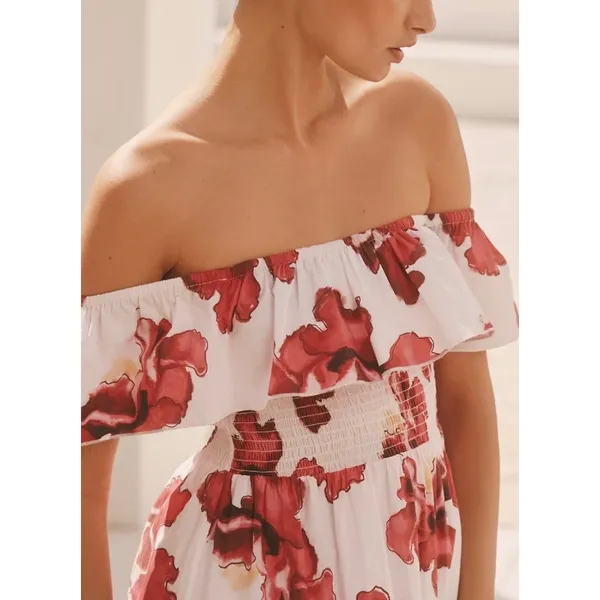 Anthropologie Ro's Garden Chelsea Smocked Midi Dress Cotton Off Shoulder‎ Large - Image 2