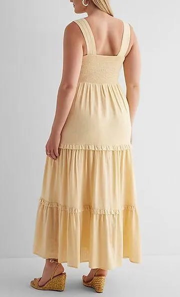 Express Linen-Blend Square Neck Smocked Tiered Maxi Dress - Image 2