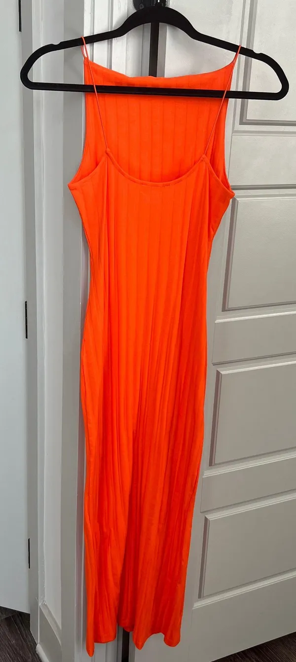 Zara Ribbed High Square-Neck Midi Dress in Orange - Image 3