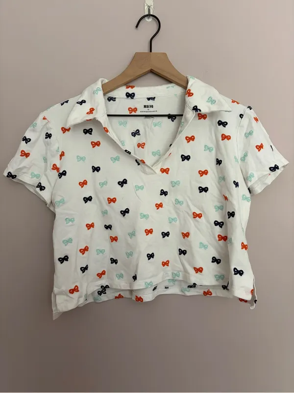 Maeve Anthropologie Embroidered Bow Polo Crop Top Large - Image 2