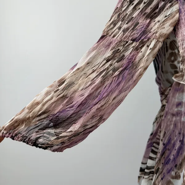 Y2K sz M Purple Animal Print Sheer Cottage‎ Smocked Peasant Babydoll Top Boho - Image 4