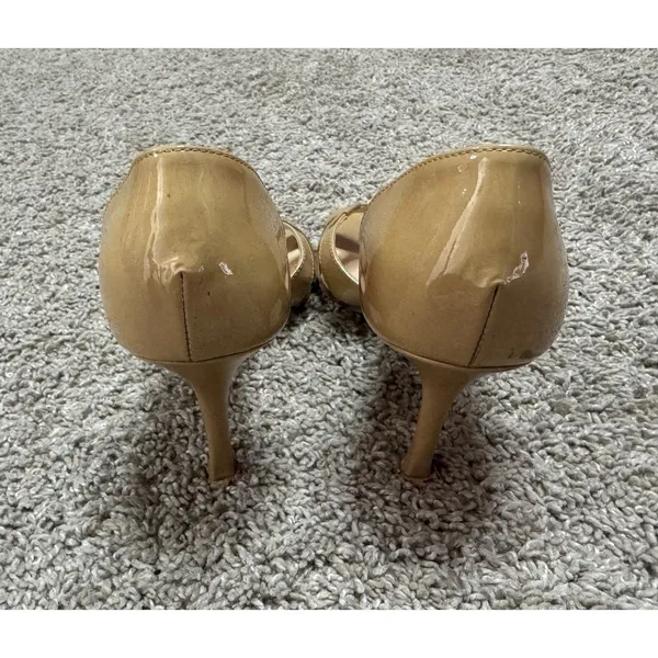 Vintage MANOLO BLAHNIK D’Orsay Nude Tan Patent Leather Peeptoe High Heels Sz 38 - Image 4