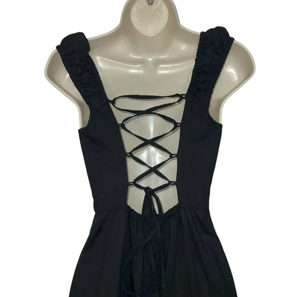 Zara Black Sleeveless Midi Dress Womens Size Small Linen Blend‎ Tie Back Goth - Image 7