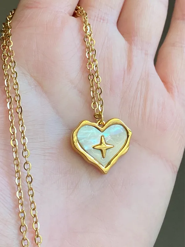 Handmade gold tone stainless steel heart sparkle white shell necklace🐚⭐️🌀 - Image 6