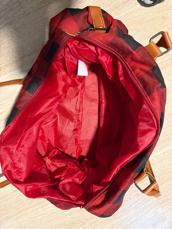 Monogrammed S Red & Black Buffalo Plaid Tote with Tan Handles - Image 3