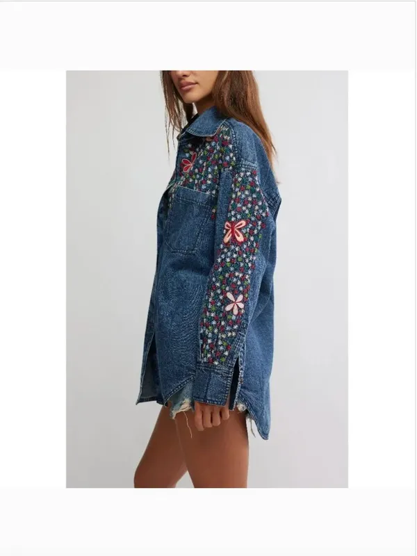 FREE PEOPLE NWT Rainbow Embroidered Denim Shirt / Rinse Wash - Image 6