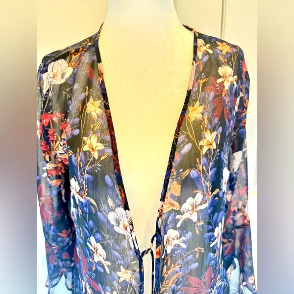 Coachella Festival Sheer Floral Kimono Boho Bell Sleeve Navy M Tassel Resort - Image 2
