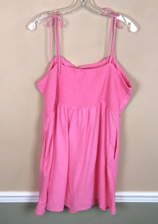 Old Navy Women’s Linen Blend Hot Pink Tie Strap Smocked Back Mini Dress - Image 5