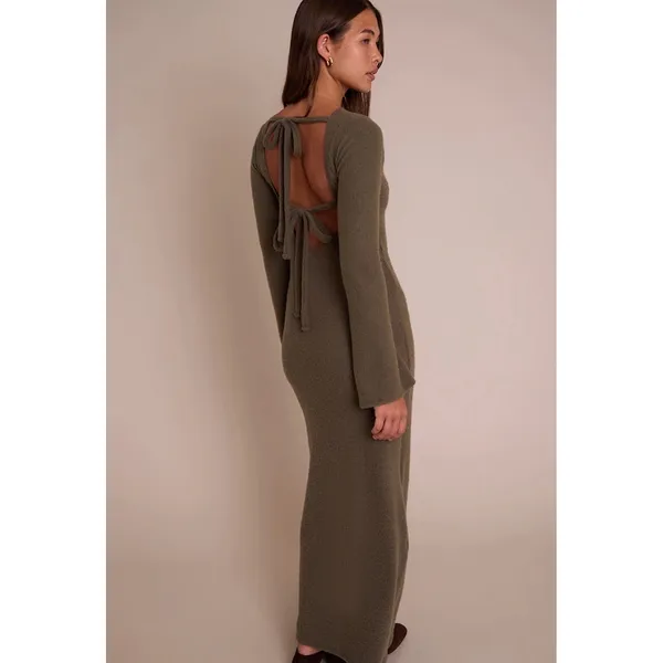 PrettyLittleThing Green Brushed Rib Open Back Tie Detail Maxi Dress US 4 NWT - Image 2