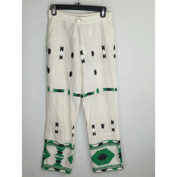 Zara White‎ & Green Geometric Embroidered Linen Pants Small Coastal Bohemian - Image 2