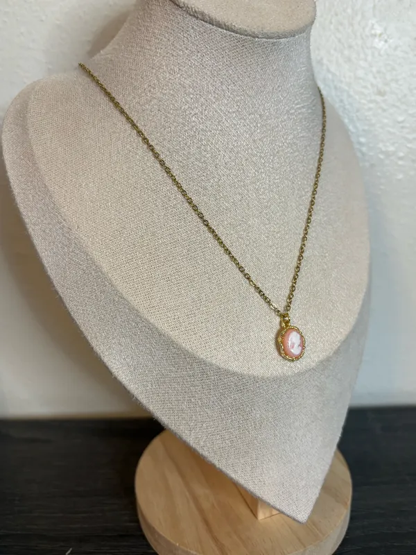 Handmade Gold/Pink Cameo Necklace - Image 3