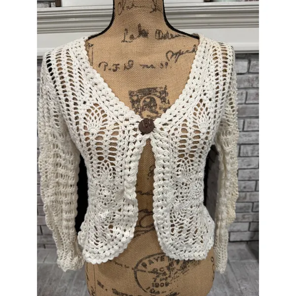 Carolyn Taylor Crochet Cardigan Womens XL Cream Button Shrug‎ Cottagecore Boho - Image 2