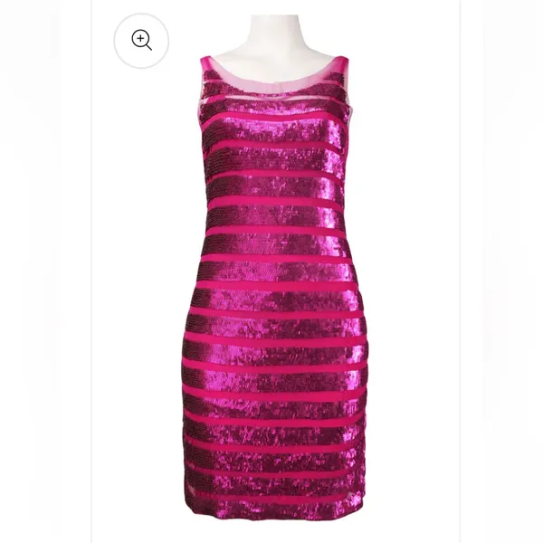 Theia Sleeveless Sequin Strip Mesh Overlay Short Dress - Image 2