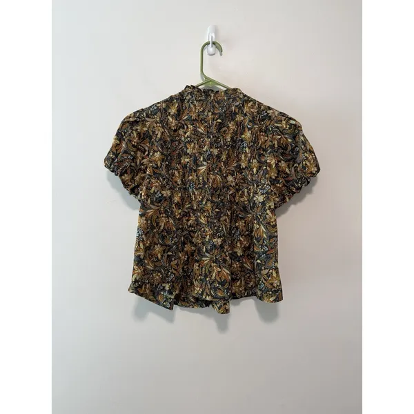 DÔEN Millie Puff Sleeve Button Front‎ Blouse Top in Noir Narcissus Floral Medium - Image 4